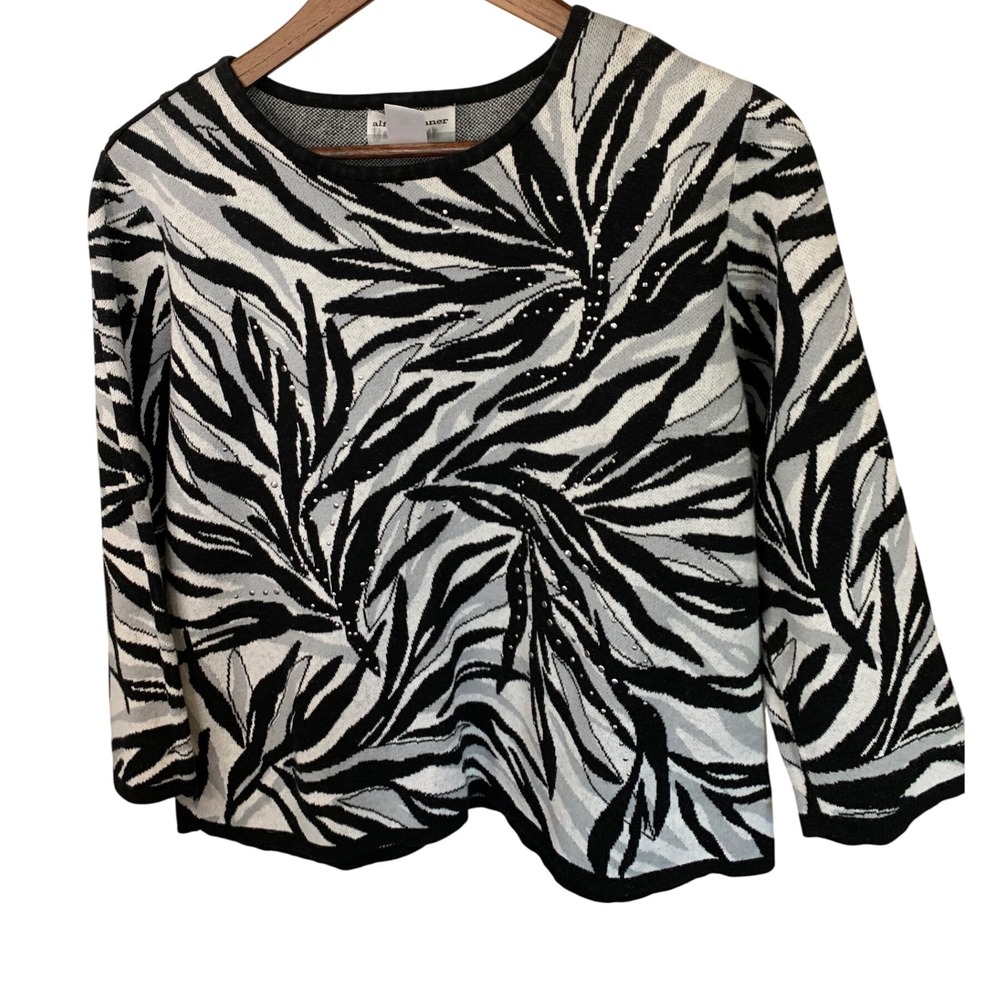 Alfred Dunner Petite PXL Sweater Black White Abstract Leaf Rhinestone Cotton PXL